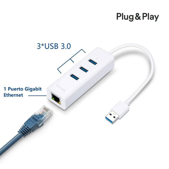 TP-Link UE330 Adaptador 2 en 1 con Hub de 3 Puertos USB 3.0 y Ethernet Gigabit Blanco